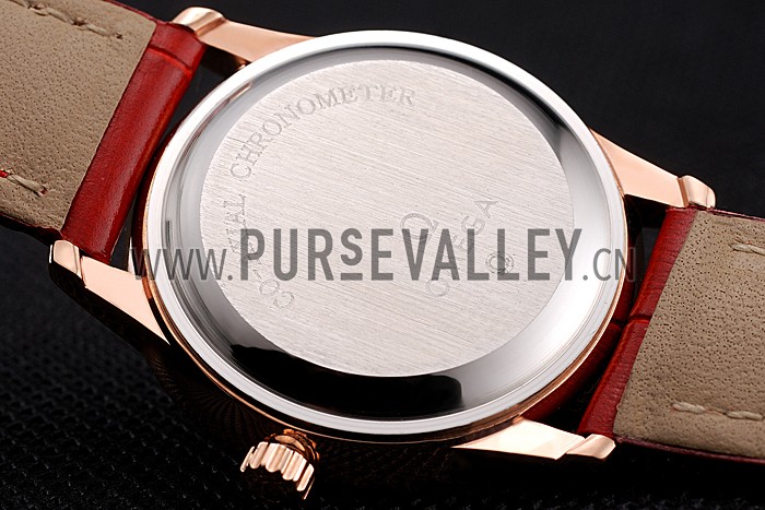 Omega De Ville Prestige Small Seconds White Dial Diamond Bezel Rose Gold Case Red Leather Strap