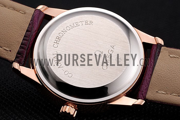 Omega De Ville Prestige Small Seconds White Dial Diamond Bezel Rose Gold Case Purple Leather Strap