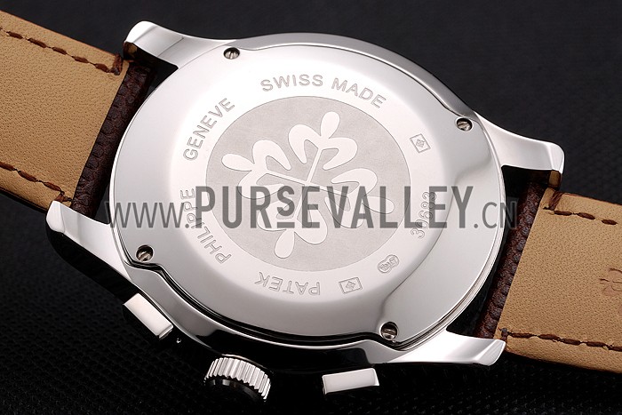 Patek Philippe Chronograph White Guilloche Dial Stainless Steel Case Brown Leather Strap