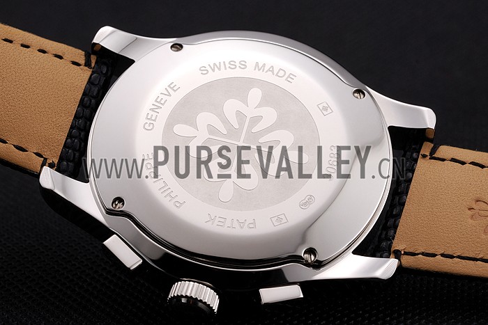Patek Philippe Chronograph Black Guilloche Dial Stainless Steel Case Black Leather Strap