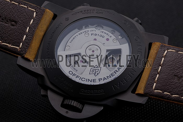Swiss Panerai Luminor Ceramica Flyback Chronograph Black Dial Black Case Brown Leather Strap