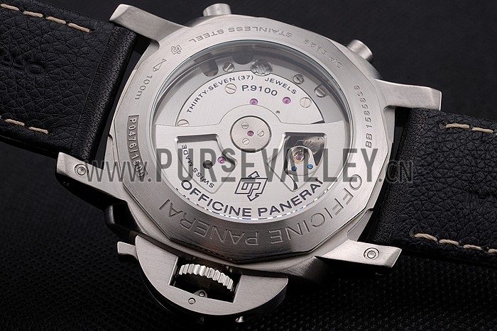 Swiss Panerai Luminor Flyback Chronograph Black Dial Stainless Steel Case Black Leather Strap