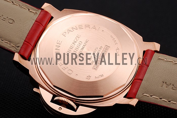 Swiss Panerai Luminor Marina Black Dial Rose Gold Case Red Leather Strap