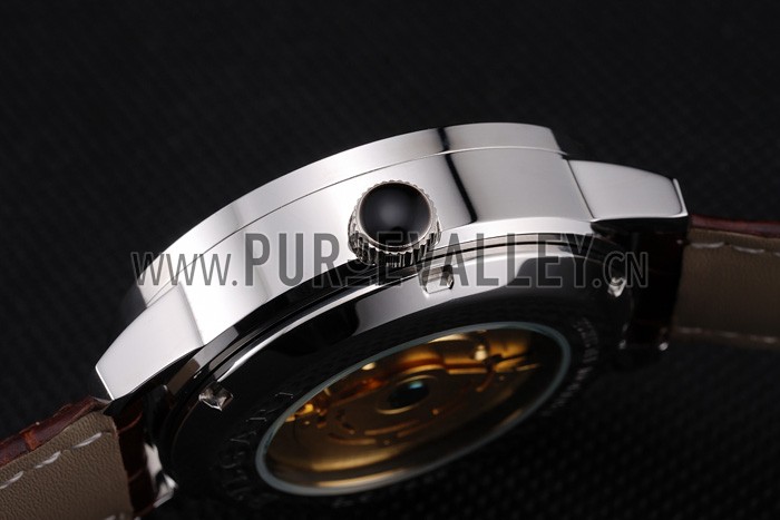 Bvlgari Novelties White Dial Silver Case Brown Leather Strap