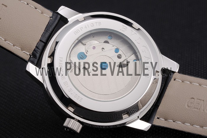Bvlgari Tourbillon Black Dial Silver Case Black Leather Strap