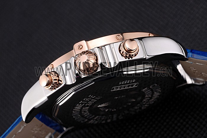 Breitling Chronomat Blue Dial Rose Gold Bezel And Subdials Stainless Steel Case Blue Leather Strap
