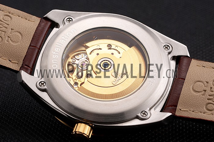 Omega Globemaster Silver Dial Gold Bezel Stainless Steel Case Brown Leather Strap