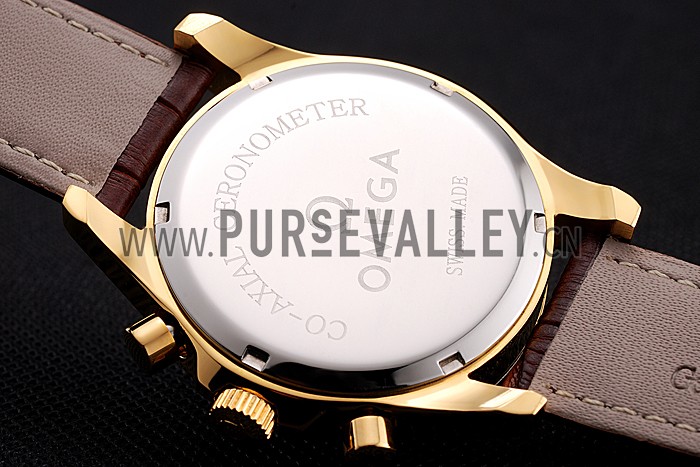 Omega Chronograph Gold Dial Gold Case Brown Leather Strap