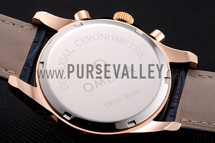 Omega Chronograph White Dial Rose Gold Case Blue Leather Strap