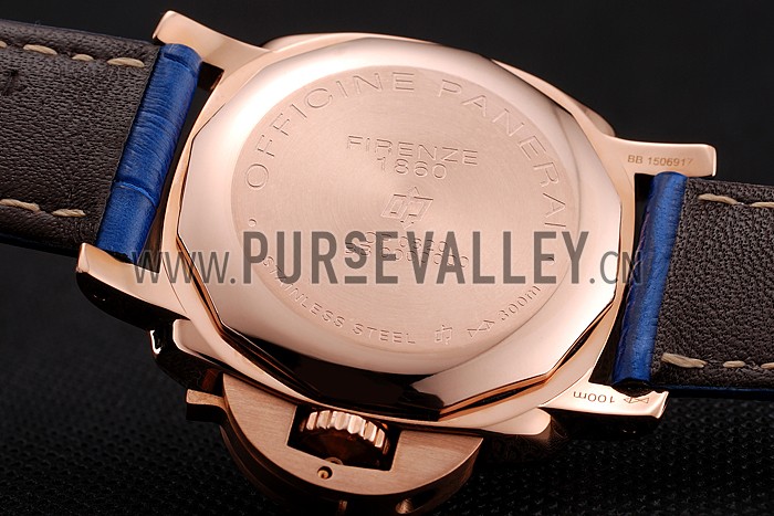 Panerai Radiomir Black Dial Diamond Bezel Rose Gold Case Blue Leather Strap 1453800