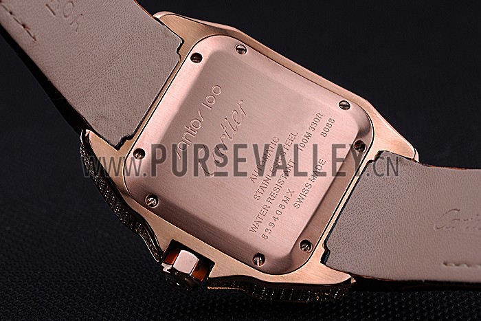 Swiss Cartier Santos Black Dial Diamonds Case Brown Leather Bracelet 622550