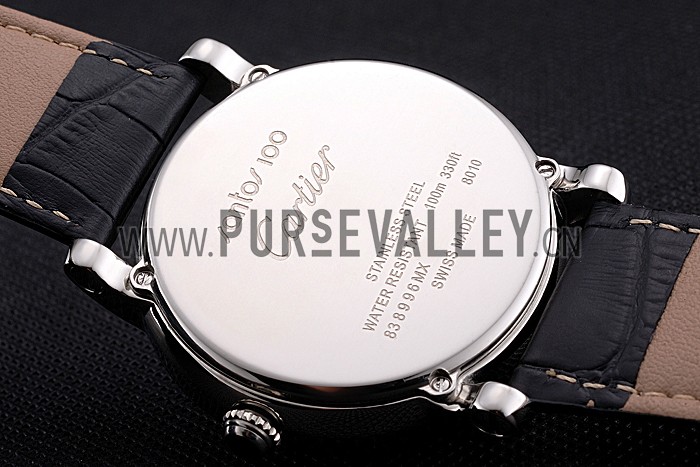 Cartier Rotonde Date White Dial Stainless Steel Case Black Leather Strap