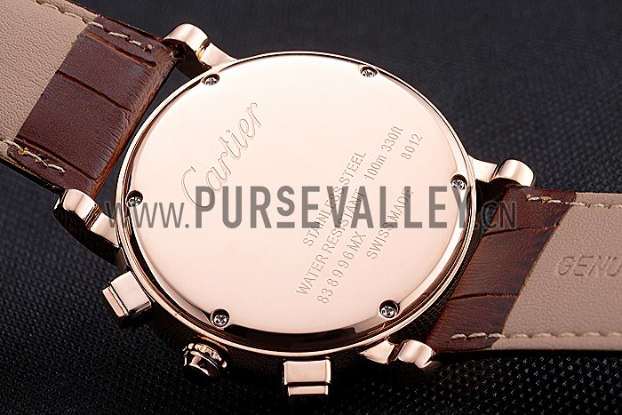 Cartier Rotonde Chronograph White Dial Rose Gold Case Brown Leather Strap