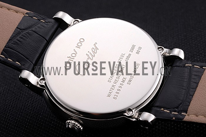 Cartier Rotonde Date Black Dial Stainless Steel Case Black Leather Strap