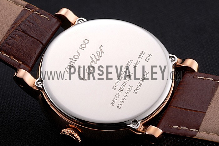 Cartier Rotonde Date Black Dial Rose Gold Case Brown Leather Strap