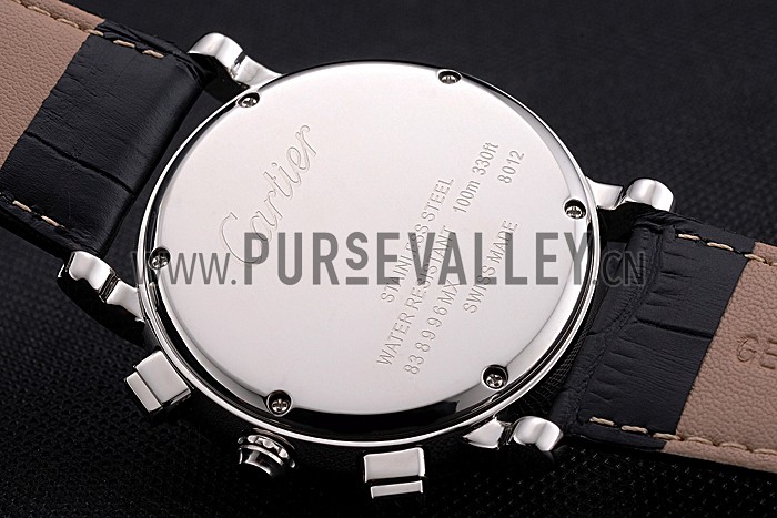 Cartier Rotonde Chronograph White Dial Stainless Steel Case Black Leather Strap
