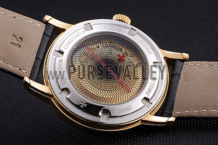Swiss Vacheron Constantin Patrimony Contemporaine Gold Case Gold Diamond Dial Black Leather Bracelet 622682