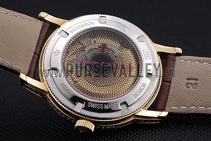 Swiss Vacheron Constantin Patrimony Contemporaine Gold Diamond Case White Dial Brown Leather Bracelet 622686