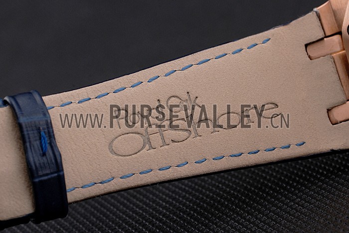 Swiss Audemars Piguet Royal Oak Blue Dial Gold Case With Diamonds Blue Leather Strap