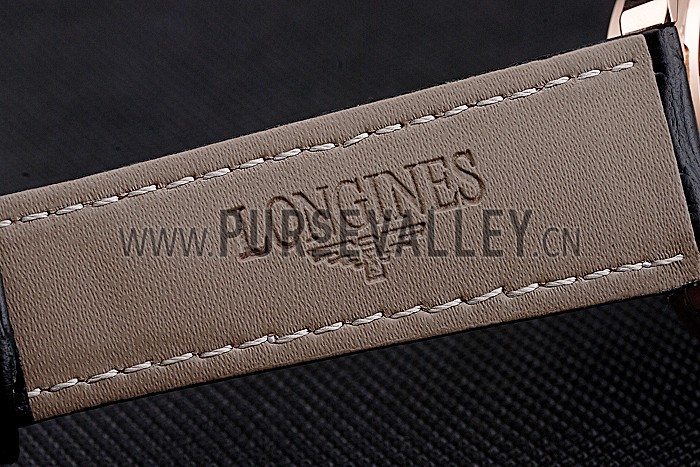 Longines Column Wheel Black Dial Gold Case Black Leather Strap