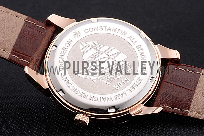 Vacheron Constantin Traditionnelle Black Ship Dial Rose Gold Case Brown Leather Strap