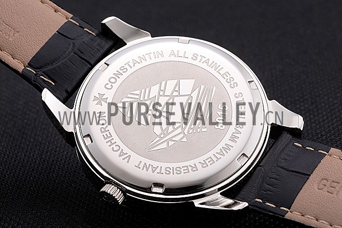 Vacheron Constantin Traditionnelle White Ship Dial Stainless Steel Case With Diamonds Black Leather Strap