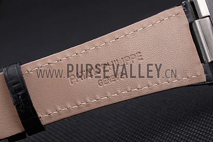 Patek Philippe Nautilus White Dial Brushed Stainless Steel Case Black Leather Strap