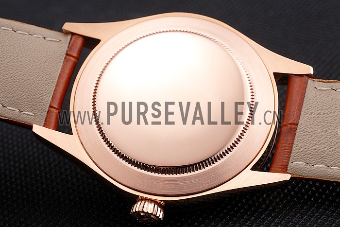 Swiss Rolex Cellini White Dial Rose Gold Case Light Brown Leather Strap
