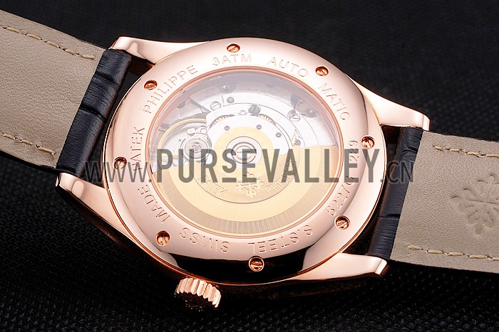 Swiss Patek Philippe Calatrava Black Dial Rose Gold Case Black Leather Strap