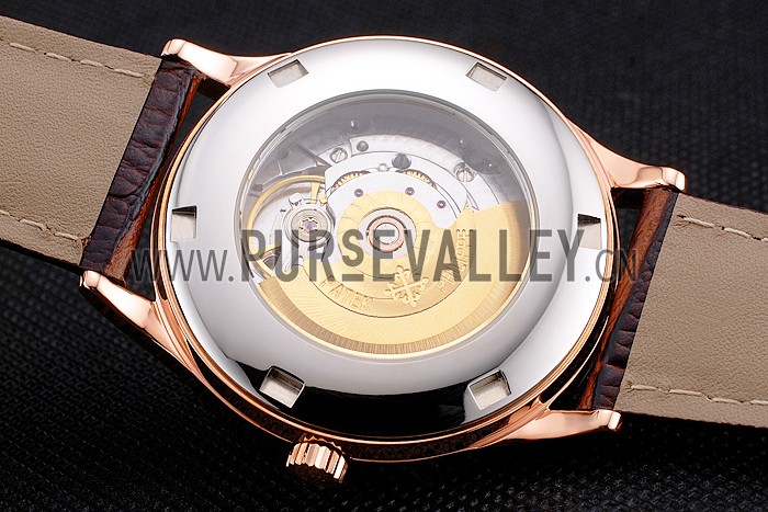 Swiss Patek Philippe Calatrava White Dial Rose Gold Case Brown Leather Strap