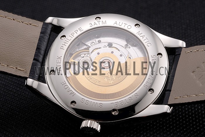 Swiss Patek Philippe Calatrava Black Dial Stainless Steel Case Black Leather Strap