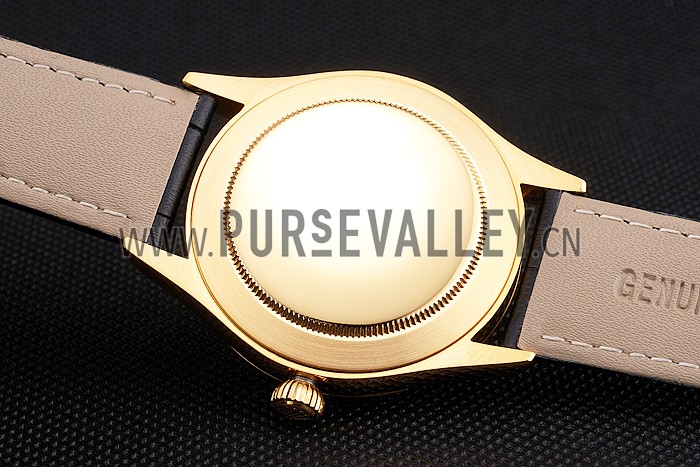 Swiss Rolex Cellini Black Dial Gold Markings Gold Case Black Leather Strap