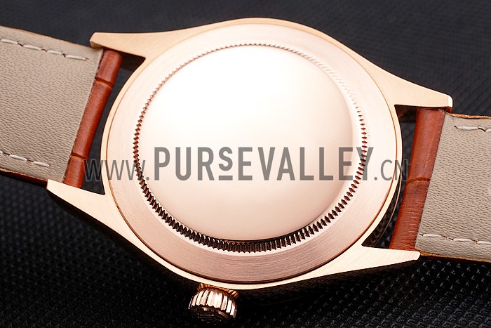 Swiss Rolex Cellini White Dial Roman Numerals Rose Gold Case Light Brown Leather Strap