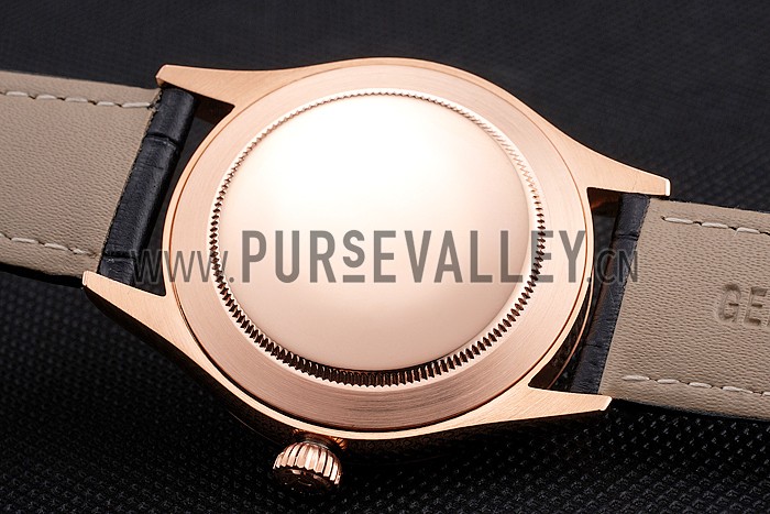 Swiss Rolex Datejust Black Dial Rose Gold Case Black Leather Strap