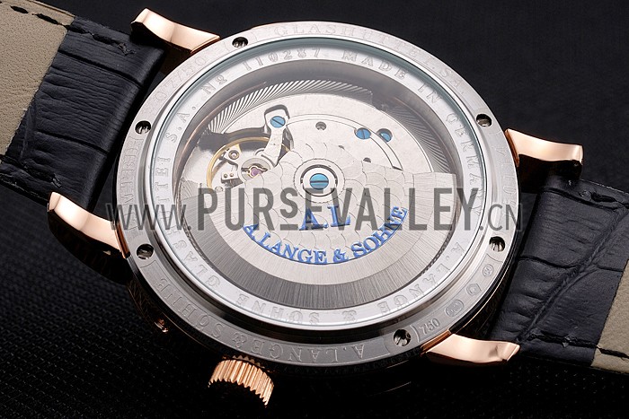 A. Lange & Sohne Lange 1 Black Dial Rose Gold Case Black Leather Strap