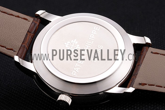 Patek Philippe Calatrava Date White Embossed Dial Stainless Steel Case Brown Leather Strap