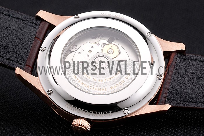 Swiss IWC Portugieser Perpetual Calendar White Dial Rose Gold Case Brown Leather Strap