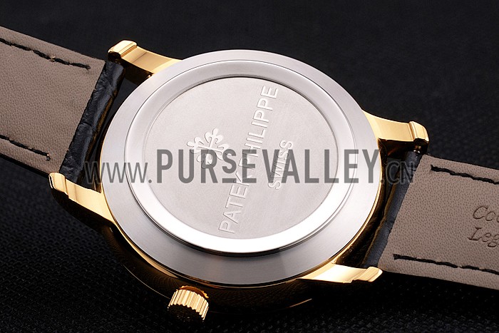 Patek Philippe Calatrava White Embossed Dial Gold Case Black Leather Strap