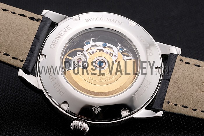 Swiss Patek Philippe Complications Openworked Dial Diamond Bezel Stainless Steel Case Black Leather Strap