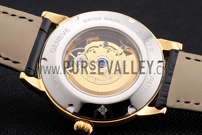 Swiss Patek Philippe Complications Openworked Dial Gold Case Black Leather Strap