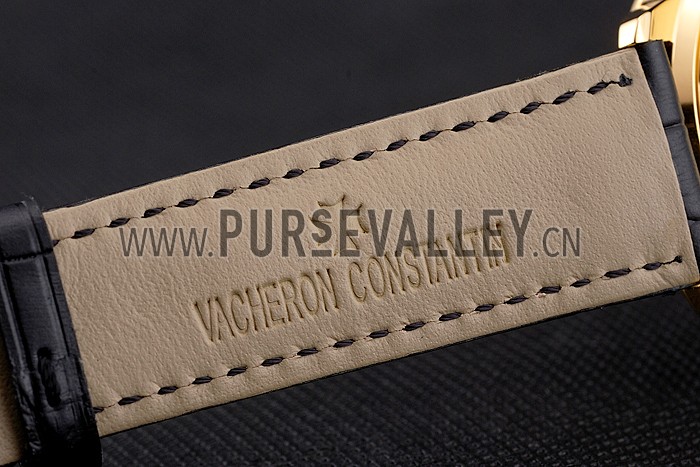 Swiss Vacheron Constantin Traditionnelle Power Reserve Gold Dial And Case Diamond Bezel Black Leather Strap