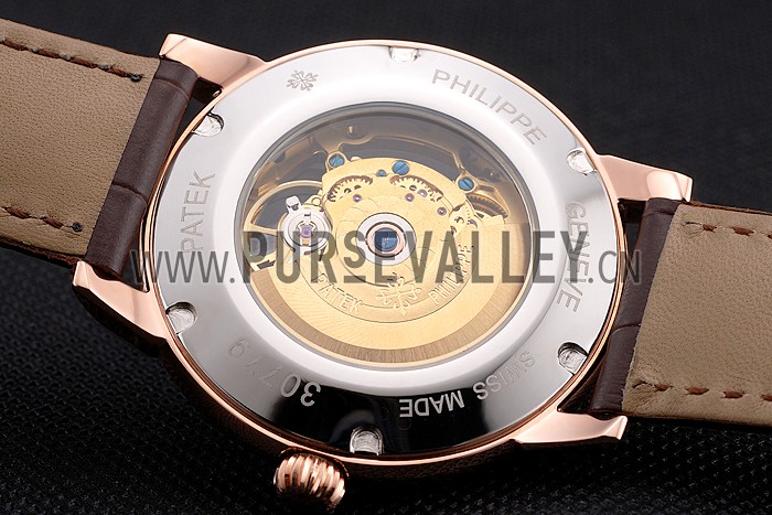 Swiss Patek Philippe Complications Openworked Dial Rose Gold Case Brown Leather Strap