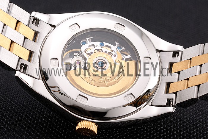 Swiss Patek Philippe Calatrava Openworked Stainless Steel Case Gold Bezel Two Tone Bracelet