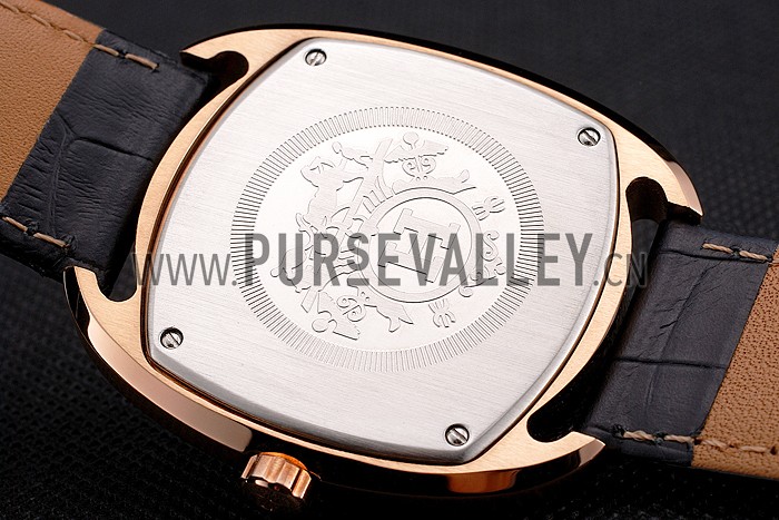 Hermes Dressage Light Brown Dial Rose Gold Case Black Leather Strap