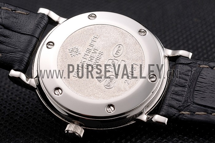Patek Philippe Calatrava Black Dial Double Ribbed Bezel Stainless Steel Case Black Leather Strap