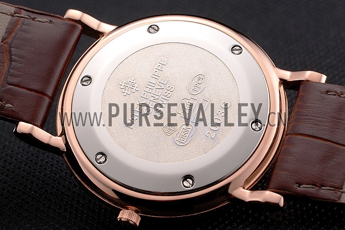 Patek Philippe Calatrava Black Dial Roman Numerals Ribbed Bezel Rose Gold Case Brown Leather Strap