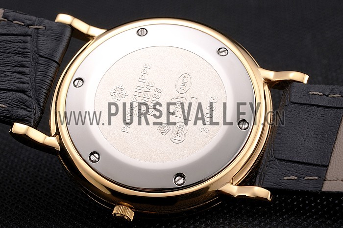 Patek Philippe Calatrava Gold Dial Diamond Hour Marks Ribbed Bezel Gold Case Black Leather Strap