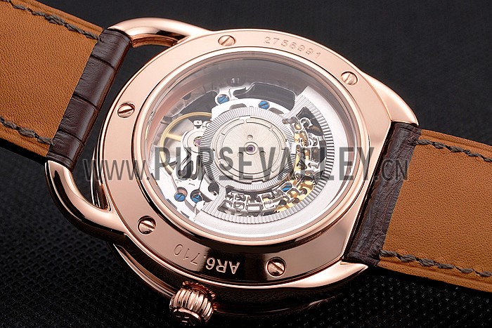 Swiss Hermes Arceau Skeleton Black Dial Brown Hands Rose Gold Case Brown Leather Strap