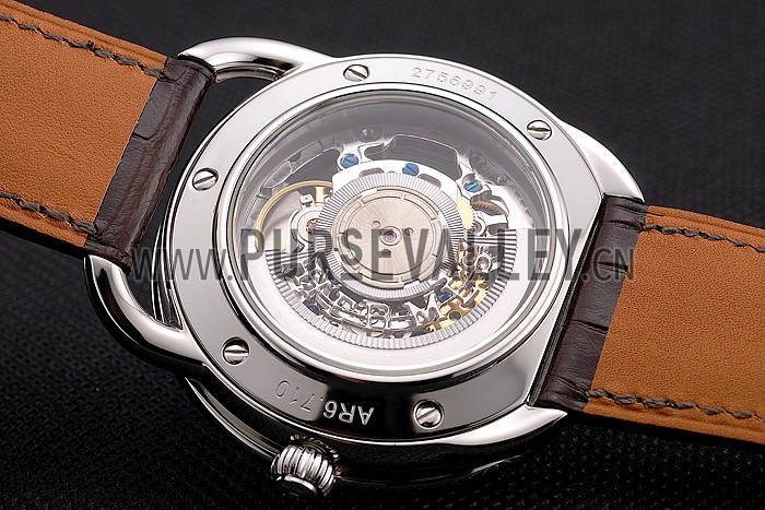 Swiss Hermes Arceau Skeleton Brown Dial Blue Hands Stainless Steel Case Brown Leather Strap