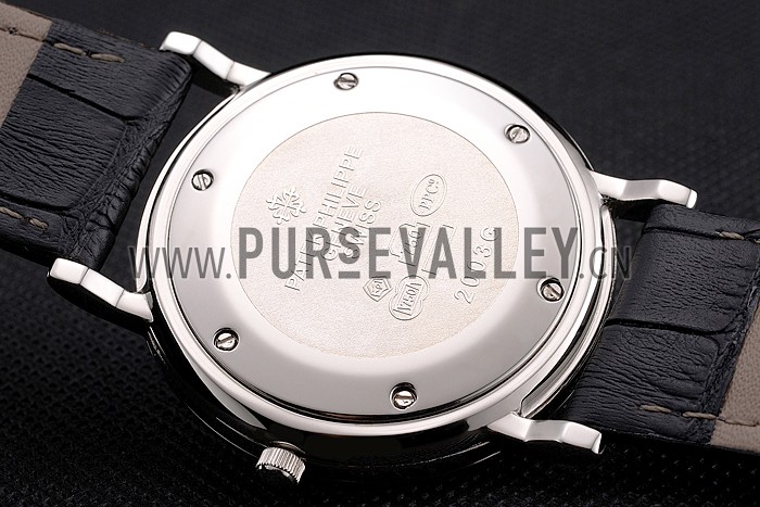 Patek Philippe Calatrava White Dial Roman Numerals Ribbed Bezel Stainless Steel Case Black Leather Strap